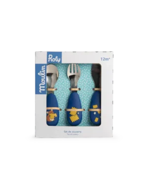 Set de 3 Couverts Bébé Bleu – Inox & Silicone – Collection Après la Pluie