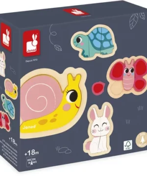 4 Puzzles évolutifs en bois – Animaux du jardin, Janod