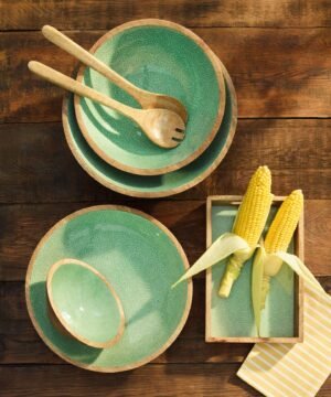 Alternative view of Bol décoratif brush Vert en bois de manguier 30 x 11,5cm