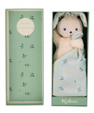Doudou lapin avec carré vert d’eau avec imprimé citronné, Kaloo