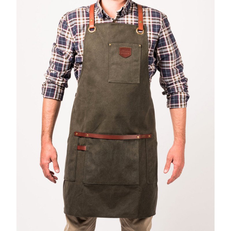 Tablier cuir et toile waxée Vert Olive, Alaskan Maker – Image 4
