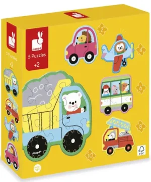 Puzzles évolutifs “Véhicules & Animaux de la forêt” Apprendre en s’amusant, Janod