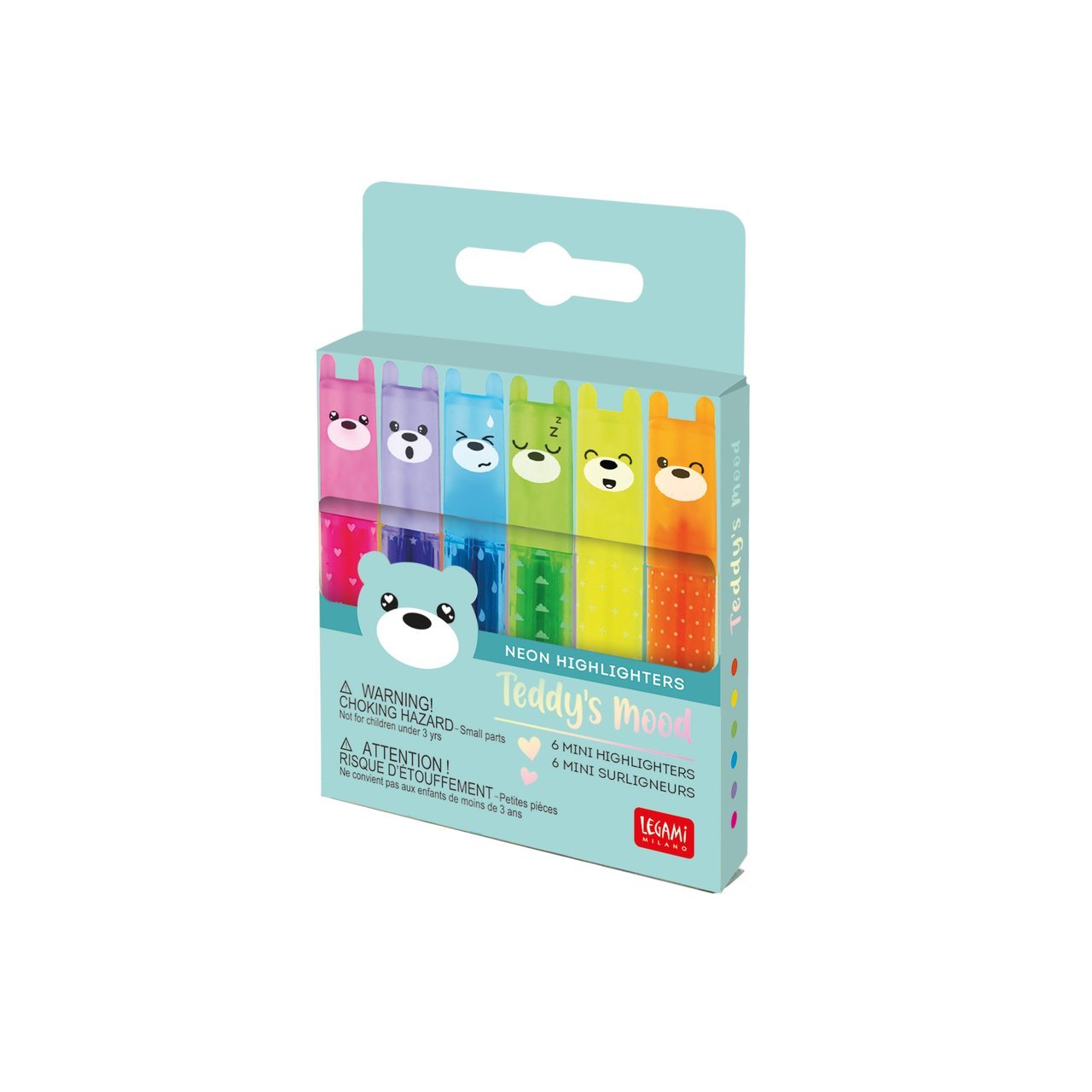 Lot de 6 mini surligneurs Teddy's Mood, Legami