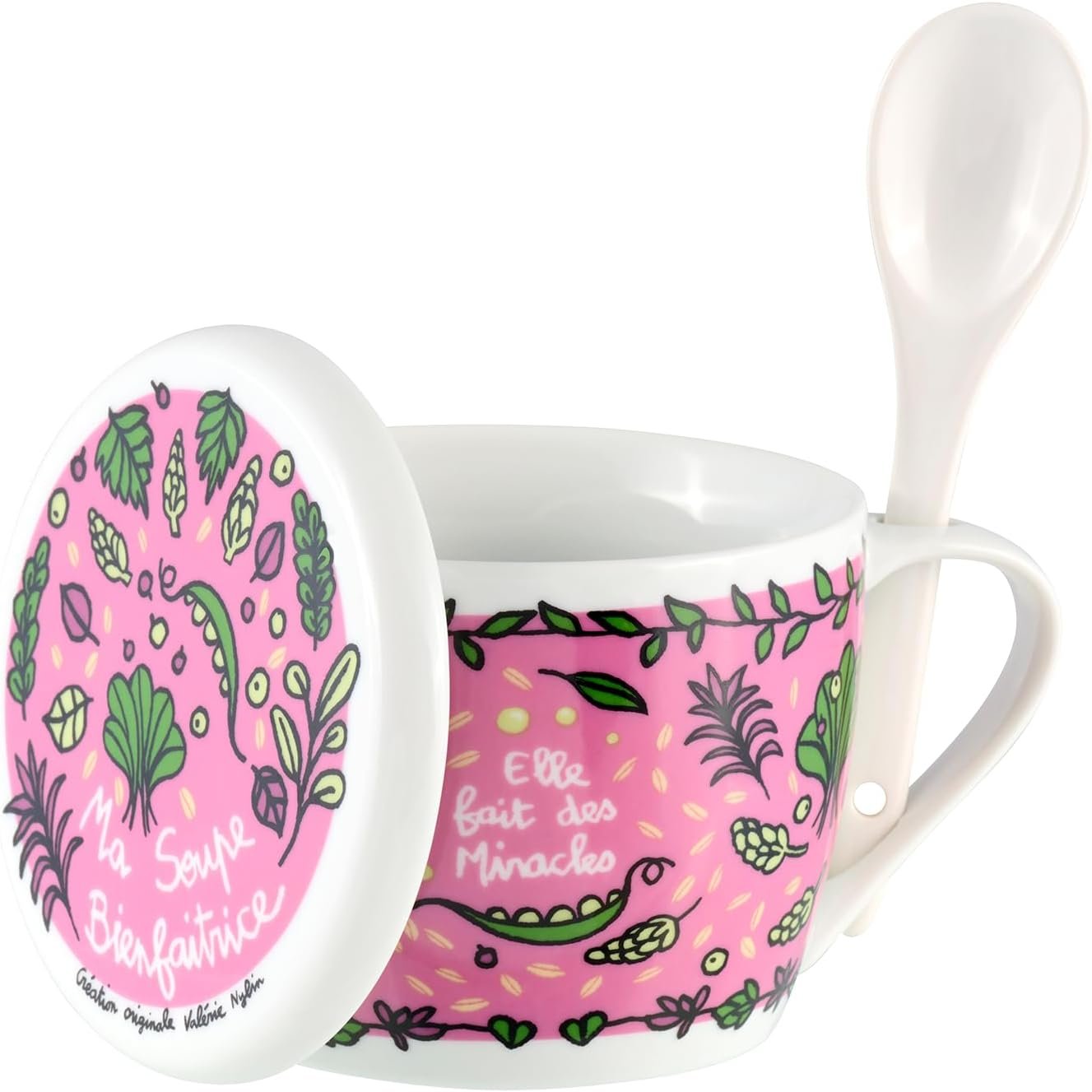Bol à soupe en porcelaine « Soupe Bienfaitrice » avec couvercle et cuillère intégrée, Derrière la porte