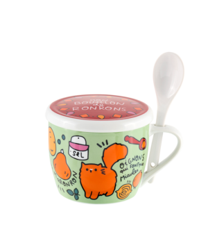 Bol à soupe en porcelaine « Bouillon de Ronrons » avec couvercle et cuillère intégrée, Derrière la porte