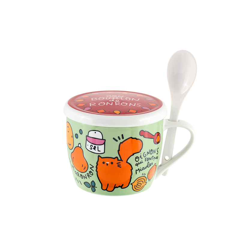 Bol à soupe en porcelaine « Bouillon de Ronrons » avec couvercle et cuillère intégrée, Derrière la porte