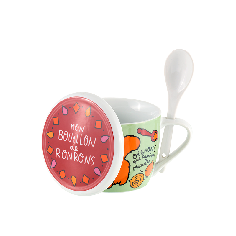 Bol à soupe en porcelaine « Bouillon de Ronrons » avec couvercle et cuillère intégrée, Derrière la porte – Image 3