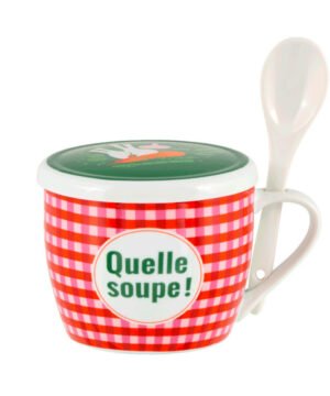 Bol à soupe en porcelaine « Quelle Soupe » avec couvercle et cuillère intégrée, Derrière la porte