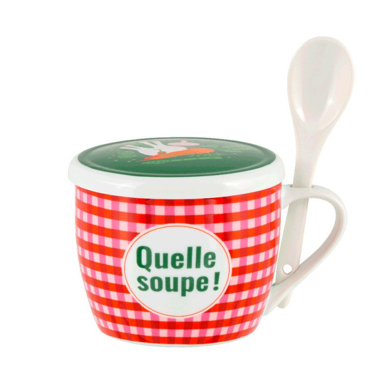 Bol à soupe en porcelaine « Quelle Soupe » avec couvercle et cuillère intégrée, Derrière la porte