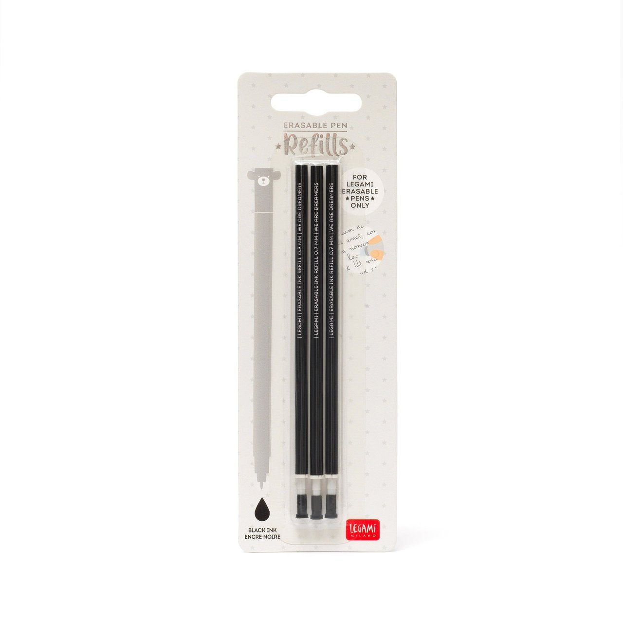 Lot de 3 Recharges Stylo à Encre Gel Effaçable Noir, Legami