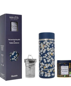 Coffret Théière Isotherme Flowers Bleu Nuit & Thé Earl Grey, Qwetch x Terre d’Oc
