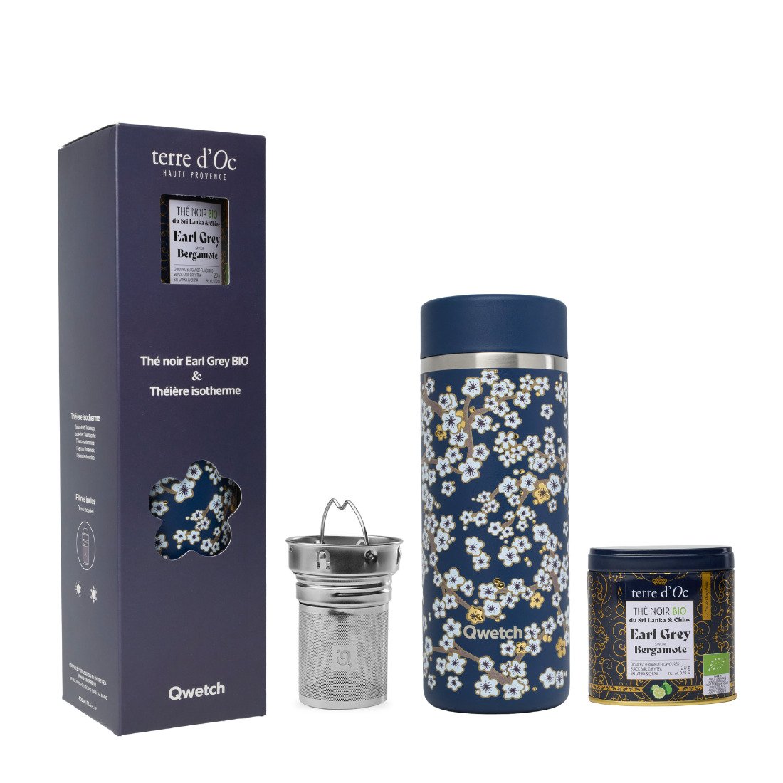 Coffret Théière Isotherme Flowers Bleu Nuit & Thé Earl Grey, Qwetch x Terre d’Oc