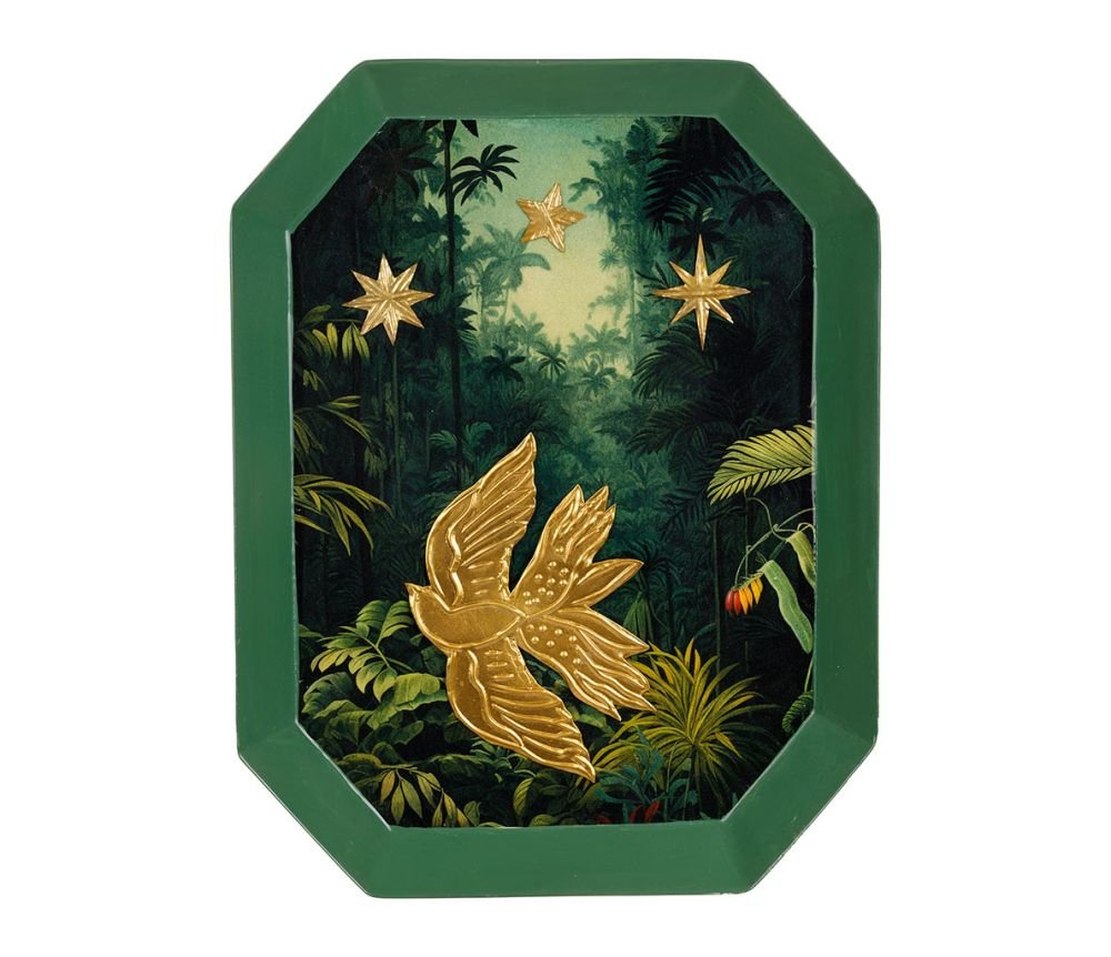 Décoration Murale Oiseau Aureol Vert Foncé Doré 20 x 26,5 cm, Yliades