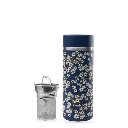 Théière Isotherme Flowers Bleu Nuit 400 ml avec Infuseur Inox, Qwetch