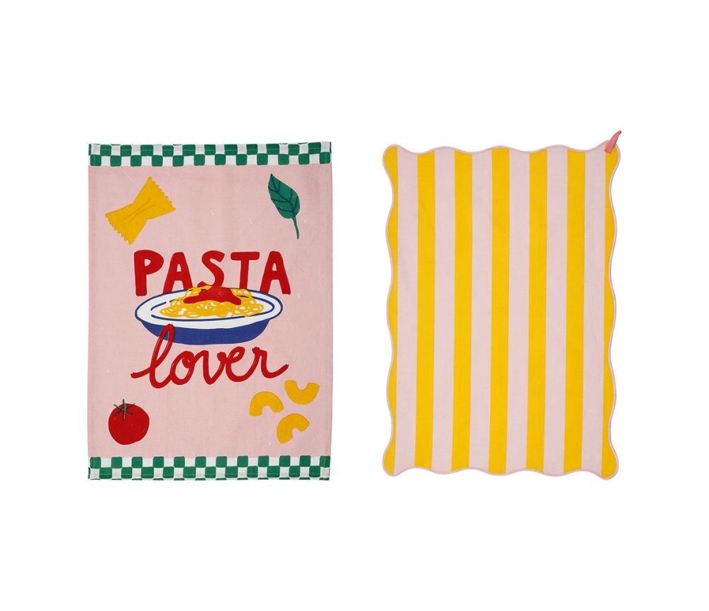 Lot de 2 Torchons Brodés Pasta Rose Jaune 50 x 70 cm, Yliades