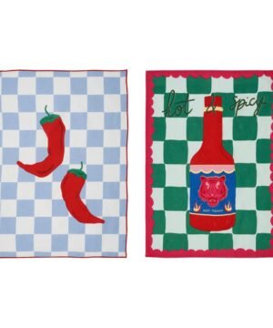 Lot de 2 Torchons Piment Rouge Bleu Ciel Vert 50 x 70 cm, Yliades